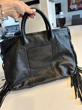 Black Leather Fringe Top-Handle Tote